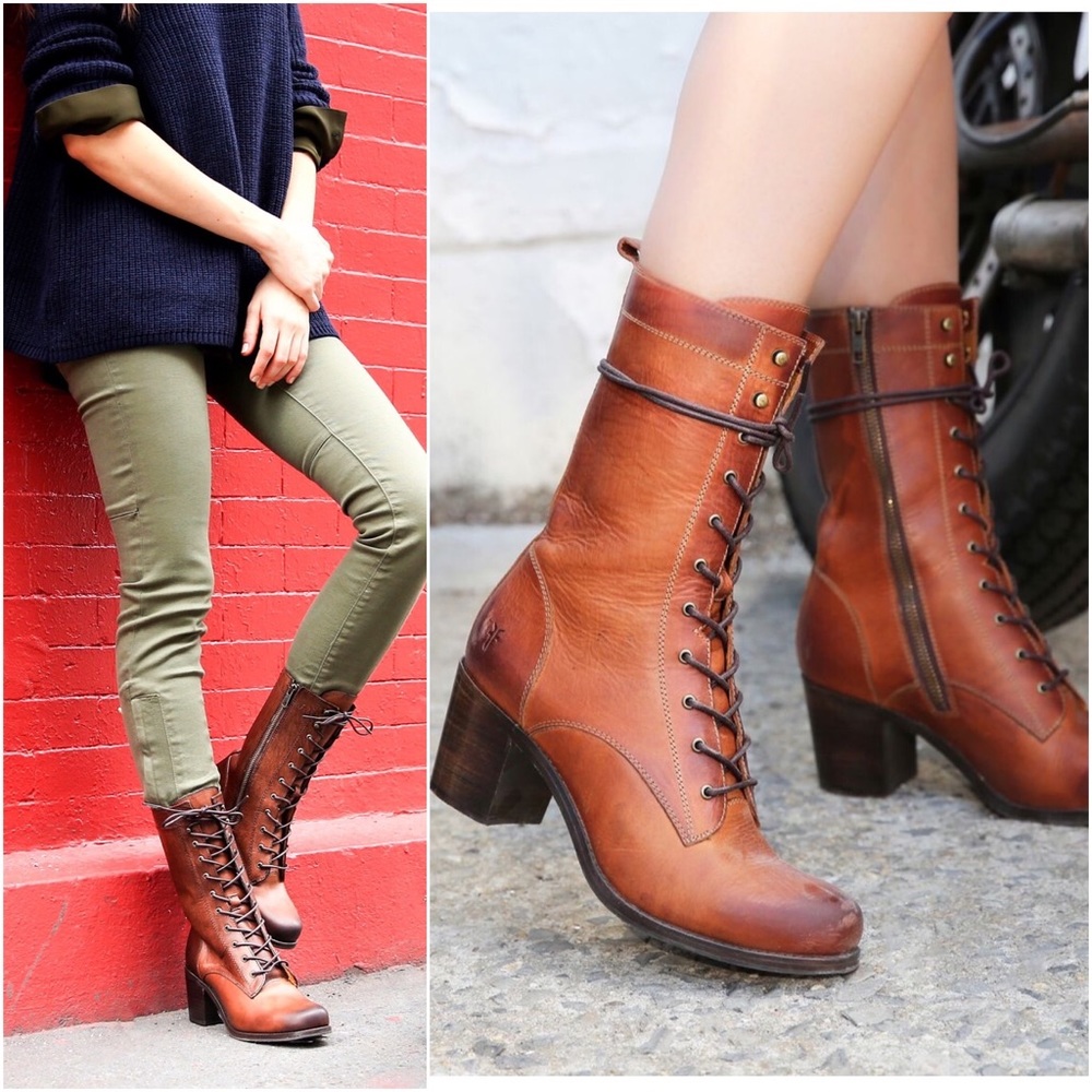 $429 Frye Kendall Lace Up Brown Genuine Leather Mid-Calf Heeled ZipUp Ankle Boot - Picture 8 of 16